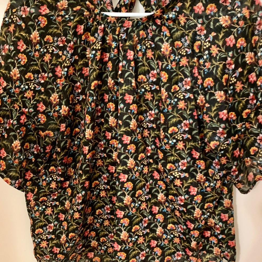 Beautiful Loft Black Floral and Gold Thread Tie Neck Blouse, Size LP